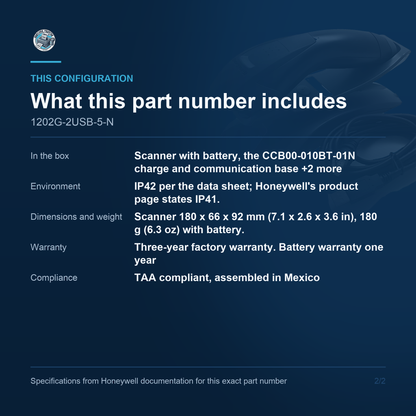 Honeywell Voyager 1202g Cordless Bluetooth 1202G-2USB-5-N configuration and what ships