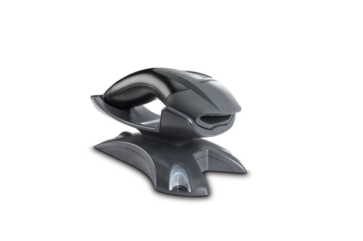 Honeywell Voyager 1202g — scanner and base, three-quarter view