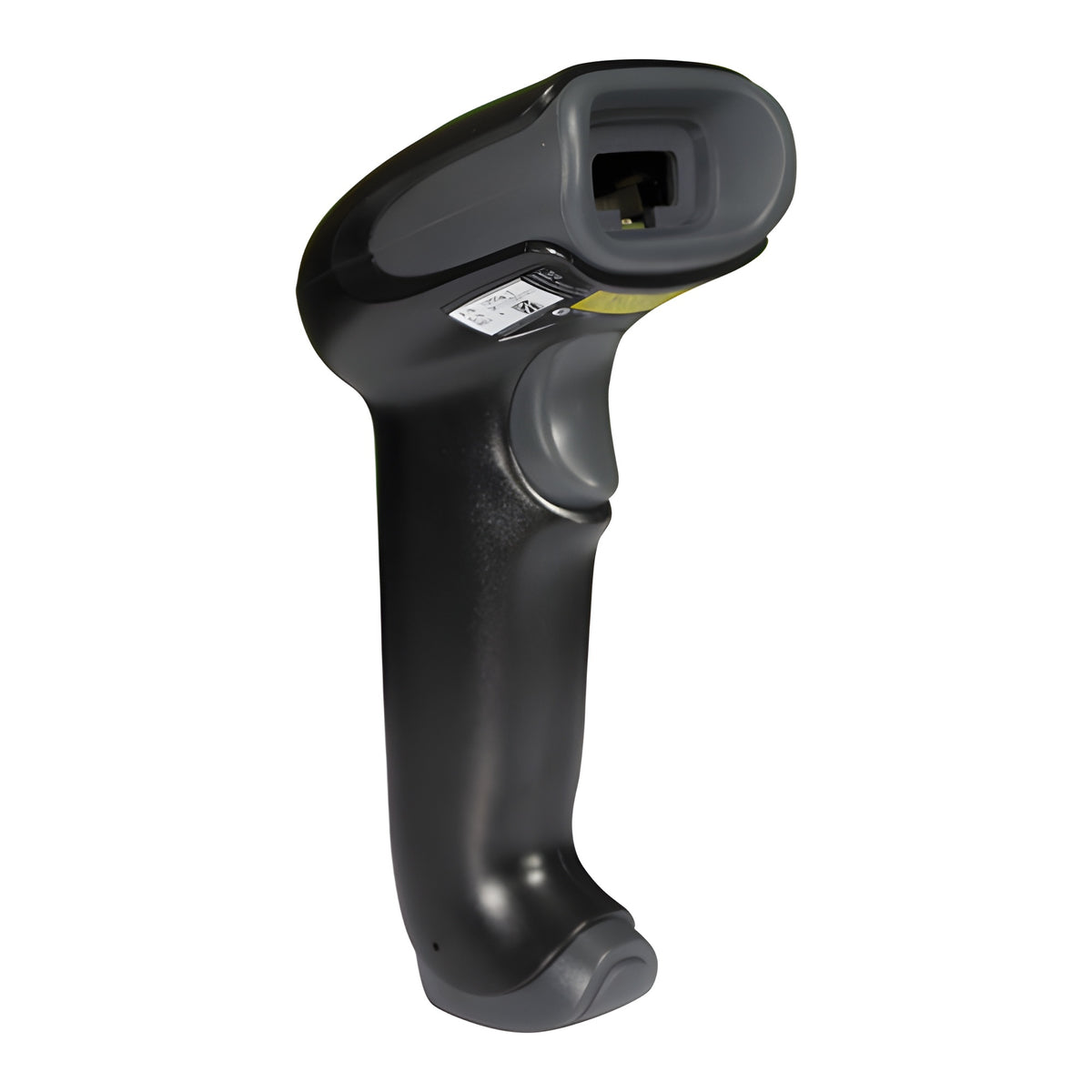 Honeywell Voyager 1250g — black scanner rear three-quarter view with the cable port empty