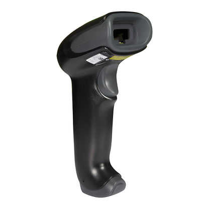 Honeywell Voyager 1250g — black scanner rear three-quarter view with the cable port empty