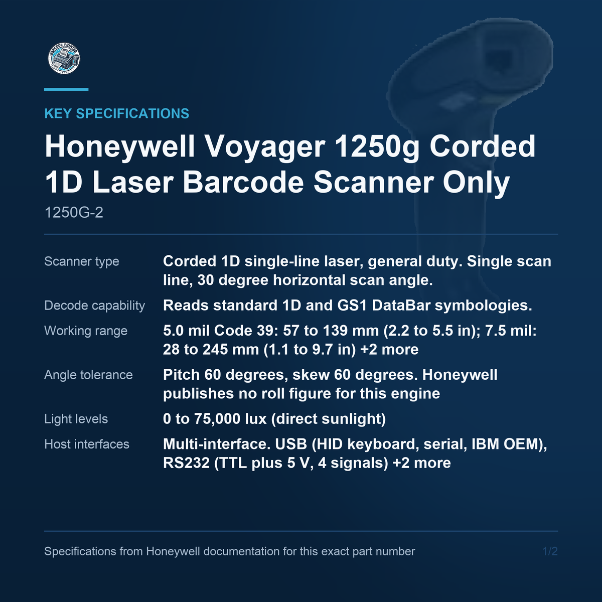 Honeywell Voyager 1250g Corded 1D Laser Barcode Scanner Only 1250G-2 key specifications