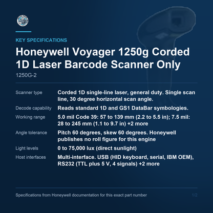 Honeywell Voyager 1250g Corded 1D Laser Barcode Scanner Only 1250G-2 key specifications