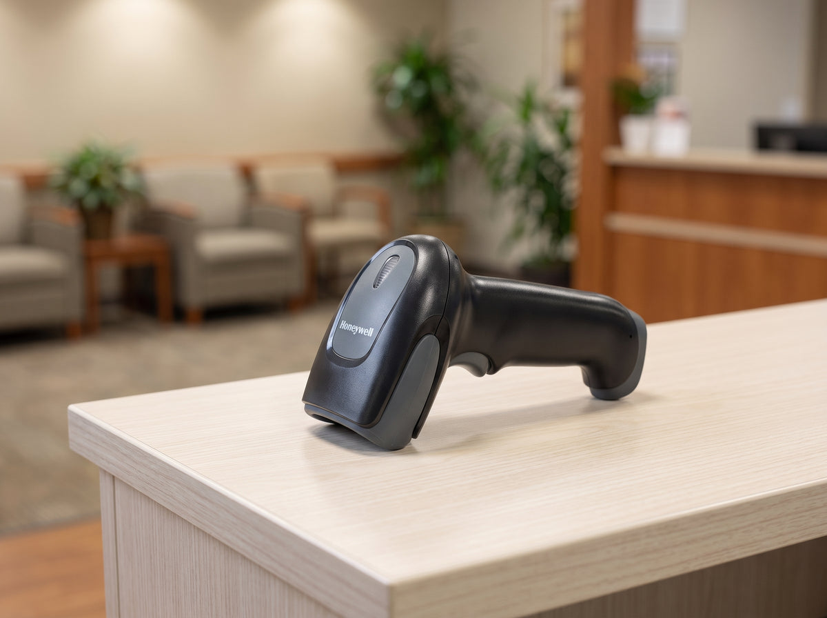 Honeywell Voyager 1250g corded 1D laser barcode scanner in black on a cafe counter — AI-generated image