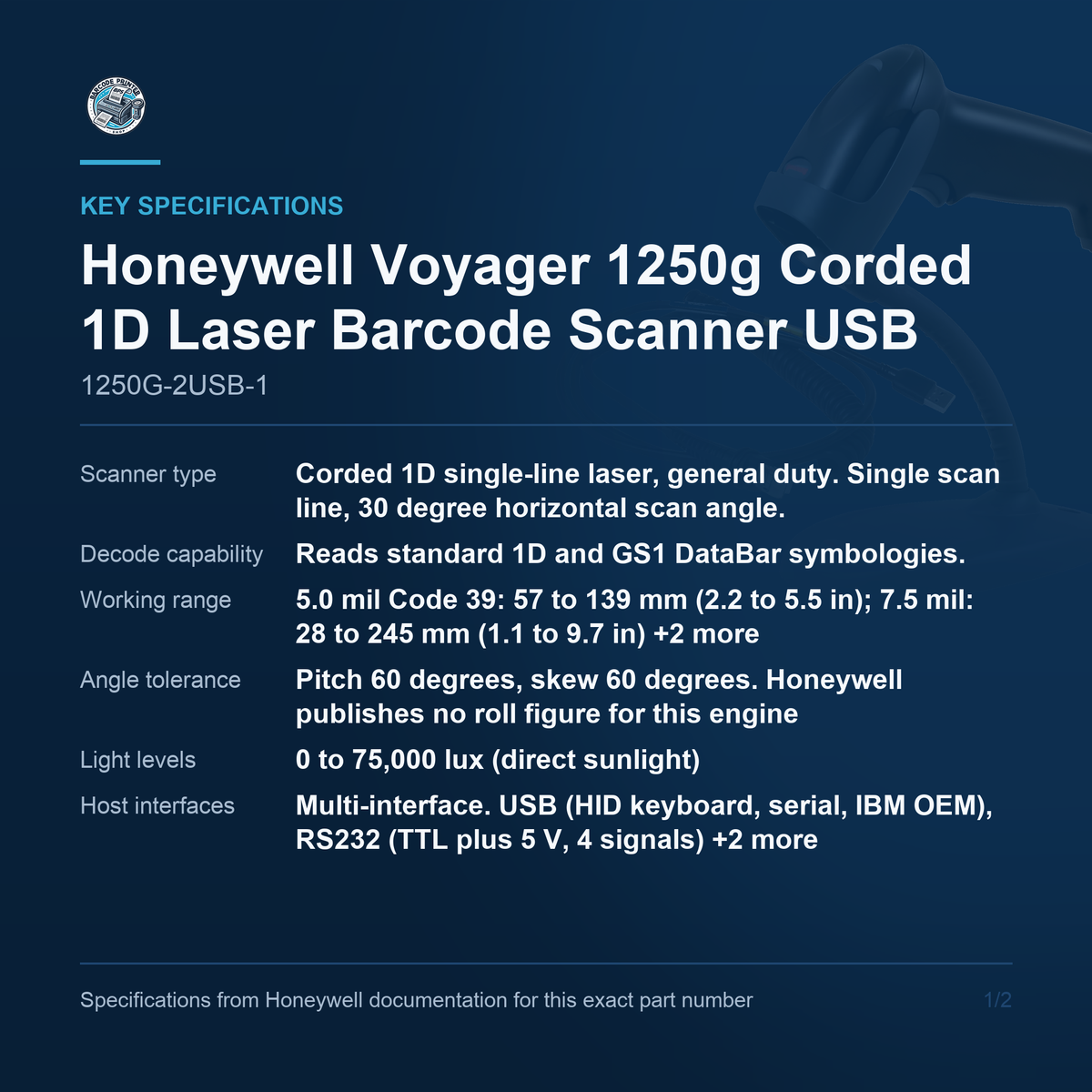Honeywell Voyager 1250g Corded 1D Laser Barcode Scanner 1250G-2USB-1 key specifications
