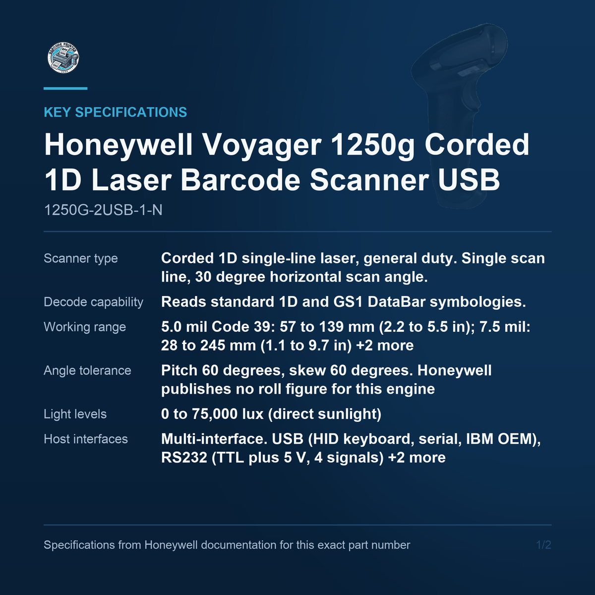 Honeywell Voyager 1250g Corded 1D Laser Barcode 1250G-2USB-1-N key specifications