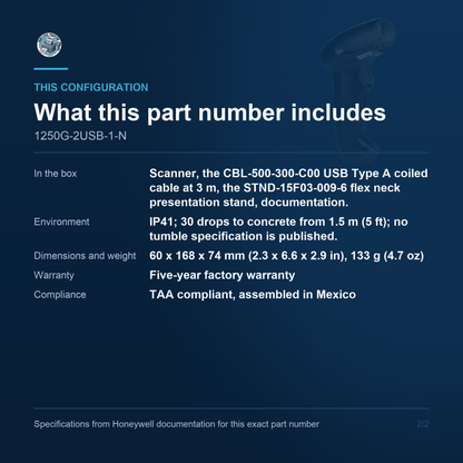 Honeywell Voyager 1250g Corded 1D Laser 1250G-2USB-1-N configuration and what ships