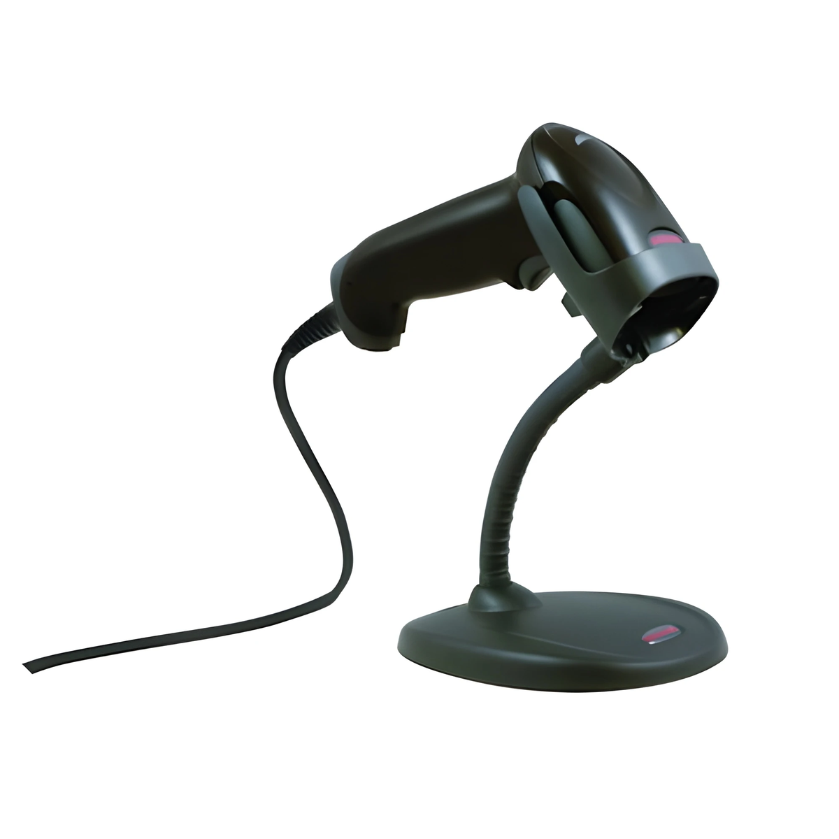 Honeywell Voyager 1250g barcode scanner seated in its flex-neck stand with the USB cable