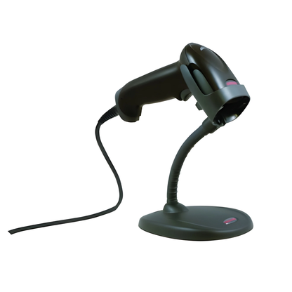 Honeywell Voyager 1250g barcode scanner seated in its flex-neck stand with the USB cable