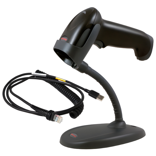 Honeywell Voyager 1250g scanner on its flex neck stand with the USB cable