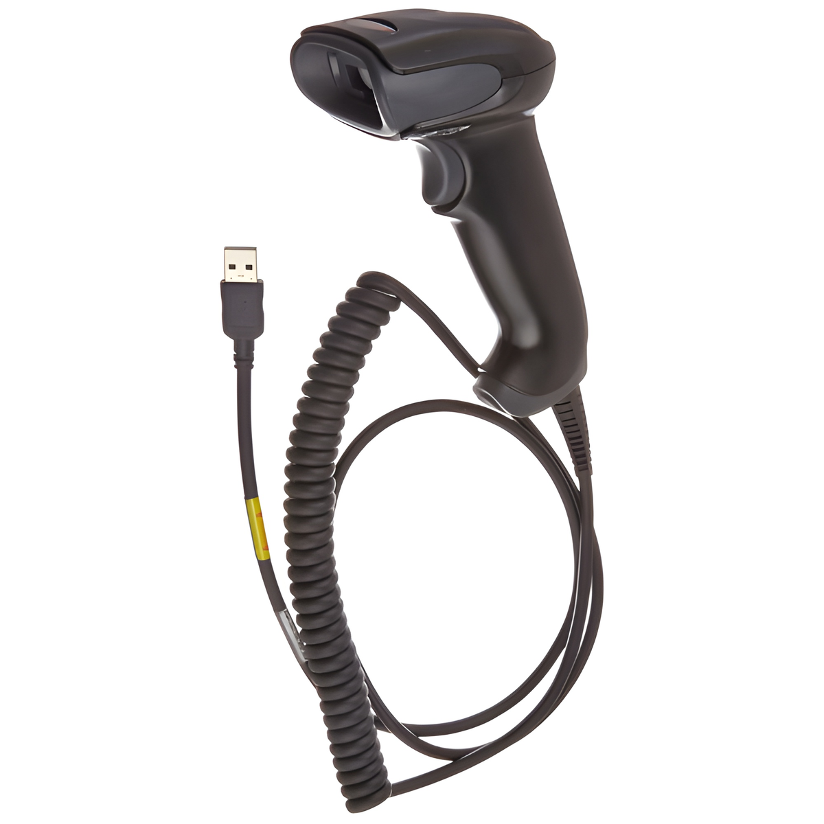 Honeywell Voyager 1250g corded laser scanner with its coiled USB cable
