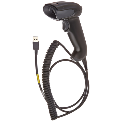 Honeywell Voyager 1250g corded laser scanner with its coiled USB cable