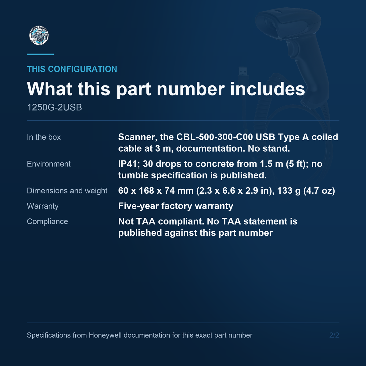 Honeywell Voyager 1250g Corded 1D Laser Barcode 1250G-2USB configuration and what ships