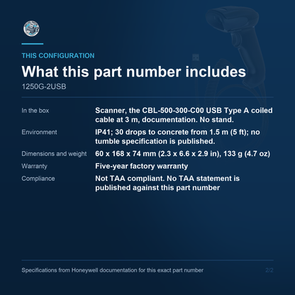Honeywell Voyager 1250g Corded 1D Laser Barcode 1250G-2USB configuration and what ships