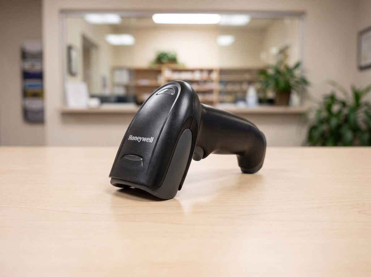 Honeywell Voyager 1250g corded 1D laser barcode scanner in black on a cafe counter — AI-generated image