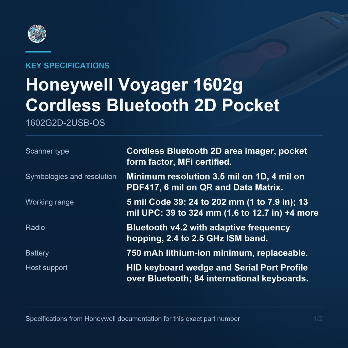 Honeywell Voyager 1602g Cordless Bluetooth 2D Pocket 1602G2D-2USB-OS key specifications