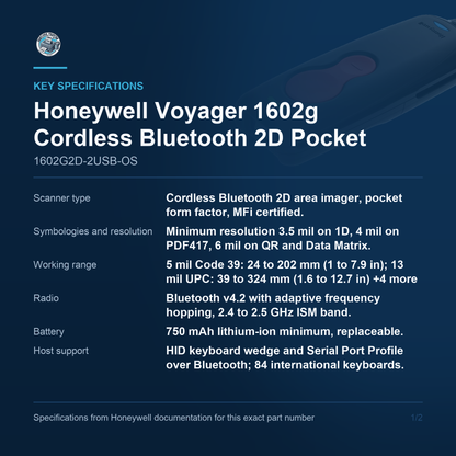 Honeywell Voyager 1602g Cordless Bluetooth 2D Pocket 1602G2D-2USB-OS key specifications