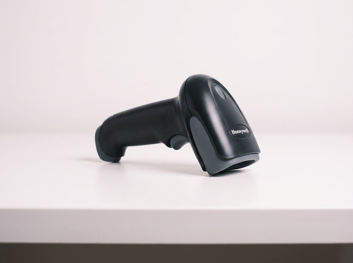 Honeywell Voyager XP 1470g corded 2D area imager barcode scanner in black on a retail checkout counter — AI-generated image