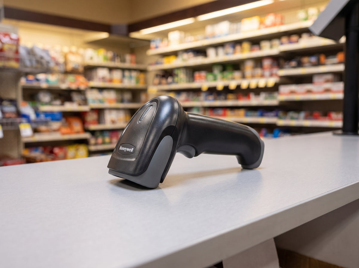 Honeywell Voyager XP 1470g corded 2D area imager barcode scanner in black on a cafe counter — AI-generated image