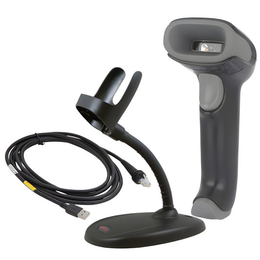 Honeywell Voyager XP 1470g scanner on its presentation stand with USB cable