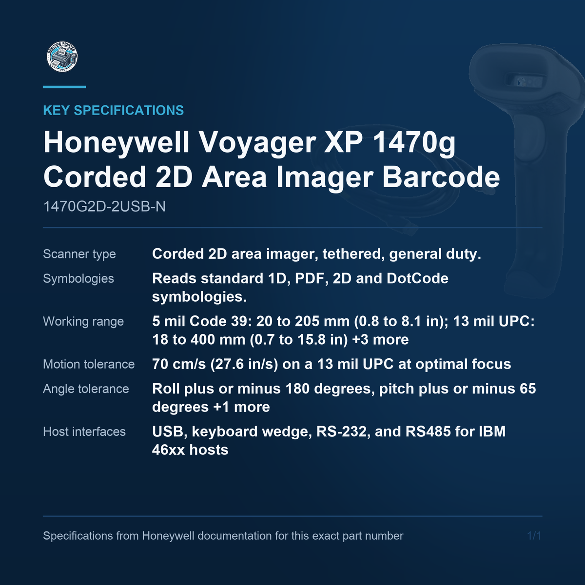 Honeywell Voyager XP 1470g Corded 2D Area Imager 1470G2D-2USB-N key specifications