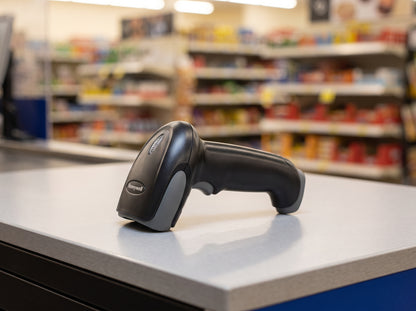 Honeywell Voyager XP 1472g cordless barcode scanner resting on a retail checkout counter — AI-generated image