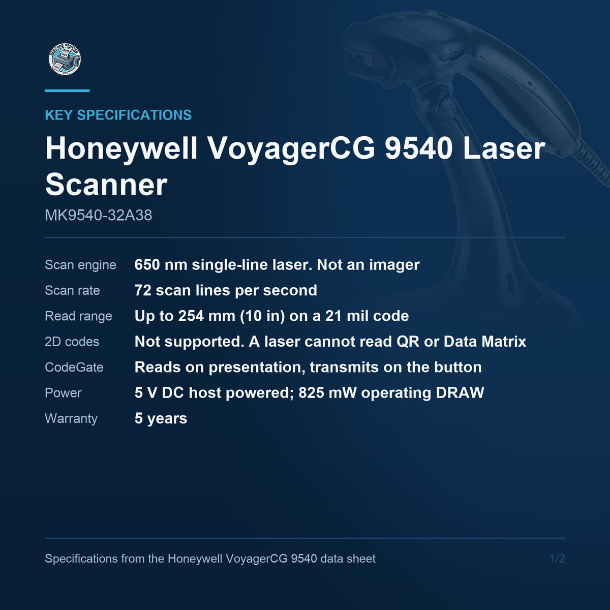 Honeywell VoyagerCG 9540 Laser Scanner MK9540-32A38 key specifications
