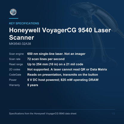 Honeywell VoyagerCG 9540 Laser Scanner MK9540-32A38 key specifications