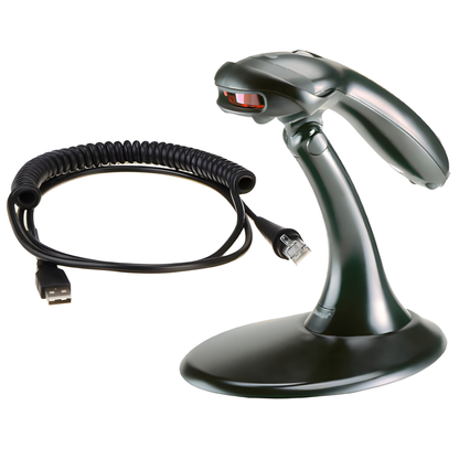 Honeywell VoyagerCG 9540 laser scanner in its stand with coiled USB cable