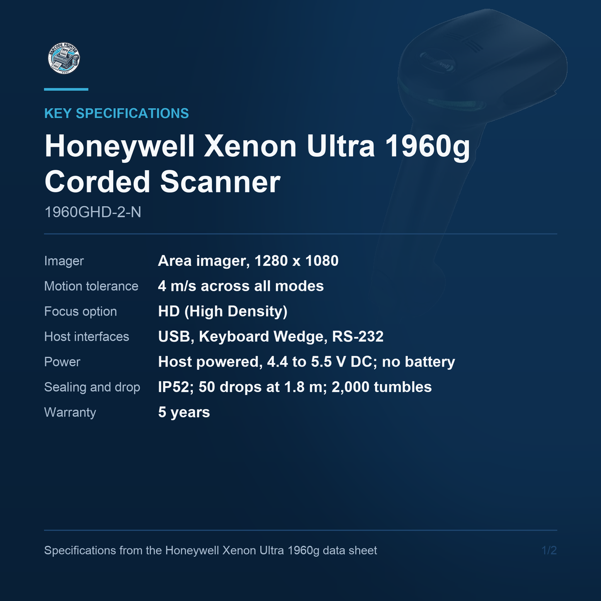 Honeywell Xenon Ultra 1960g Corded Scanner 1960GHD-2-N key specifications