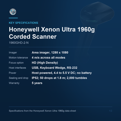 Honeywell Xenon Ultra 1960g Corded Scanner 1960GHD-2-N key specifications