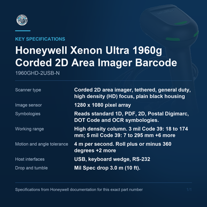 Honeywell Xenon Ultra 1960g Corded 2D Area Imager 1960GHD-2USB-N key specifications