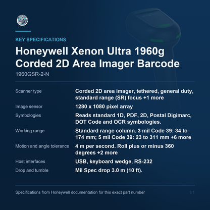 Honeywell Xenon Ultra 1960g Corded 2D Area Imager Barcode 1960GSR-2-N key specifications