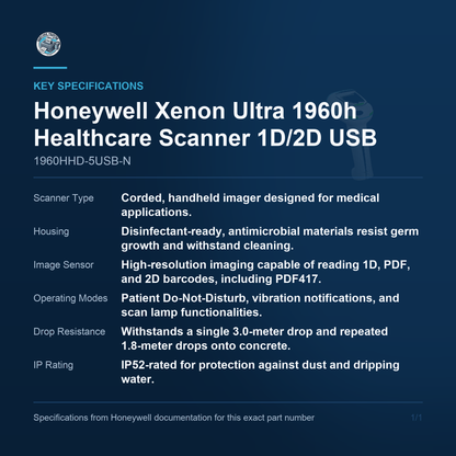 Honeywell Xenon Ultra 1960h Healthcare Scanner 1D/2D 1960HHD-5USB-N key specifications