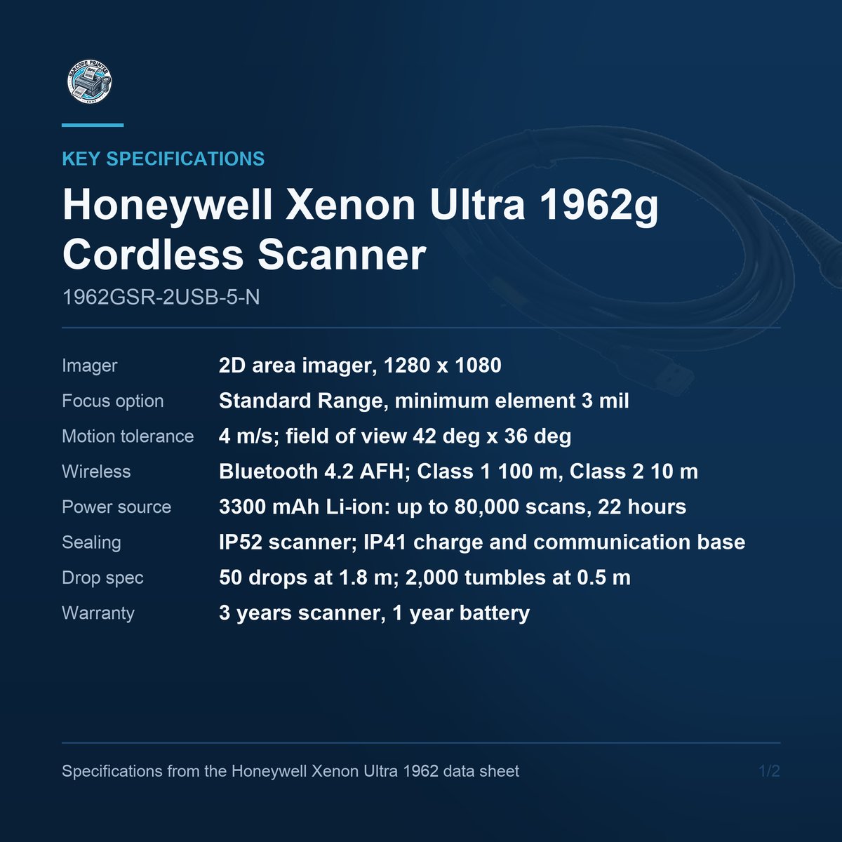 Honeywell Xenon Ultra 1962g Cordless Scanner 1962GSR-2USB-5-N key specifications