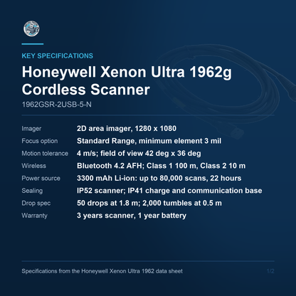 Honeywell Xenon Ultra 1962g Cordless Scanner 1962GSR-2USB-5-N key specifications