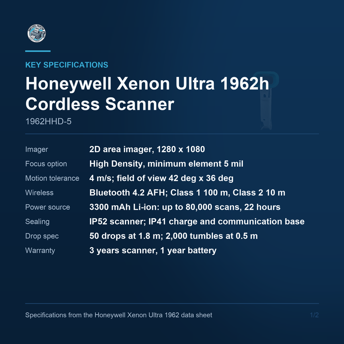 Honeywell Xenon Ultra 1962h Cordless Scanner 1962HHD-5 key specifications