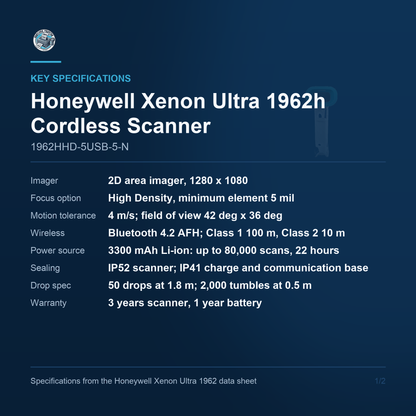 Honeywell Xenon Ultra 1962h Cordless Scanner 1962HHD-5USB-5-N key specifications