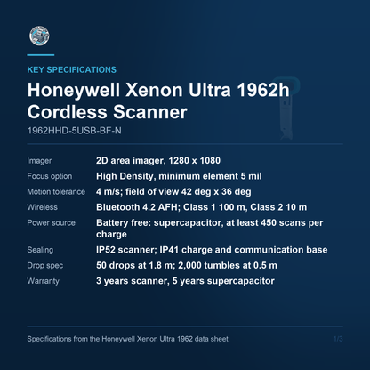 Honeywell Xenon Ultra 1962h Cordless Scanner 1962HHD-5USB-BF-N key specifications