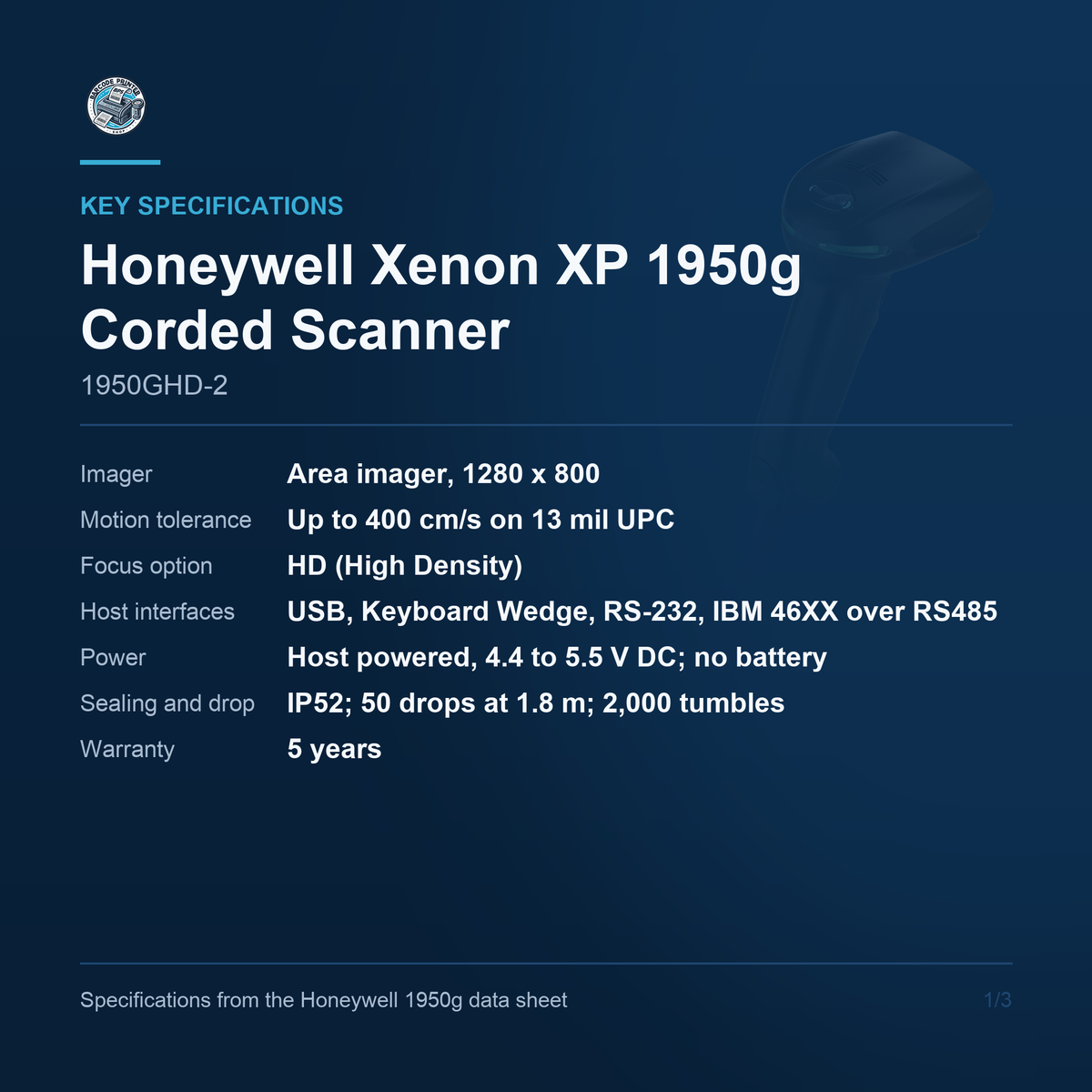 Honeywell Xenon XP 1950g Corded Scanner 1950GHD-2 key specifications