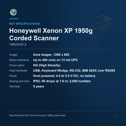 Honeywell Xenon XP 1950g Corded Scanner 1950GHD-2 key specifications