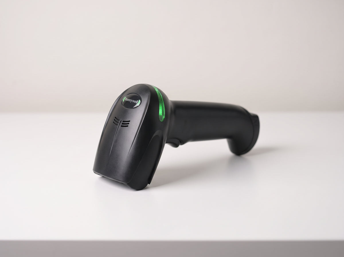 Honeywell Xenon XP 1950g corded 1D/2D barcode scanner in black on a retail checkout counter — AI-generated image