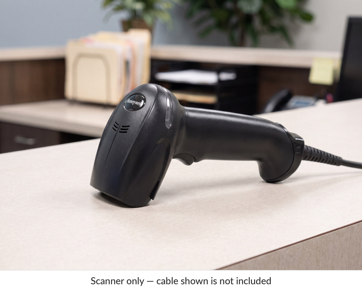 Honeywell Xenon XP 1950g corded 1D/2D barcode scanner in black, captioned scanner only as the cable shown is not included — AI-generated image