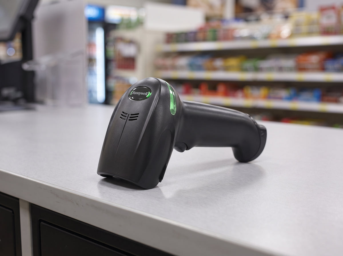 Honeywell Xenon XP 1950g corded 1D/2D barcode scanner in black on a cafe counter — AI-generated image