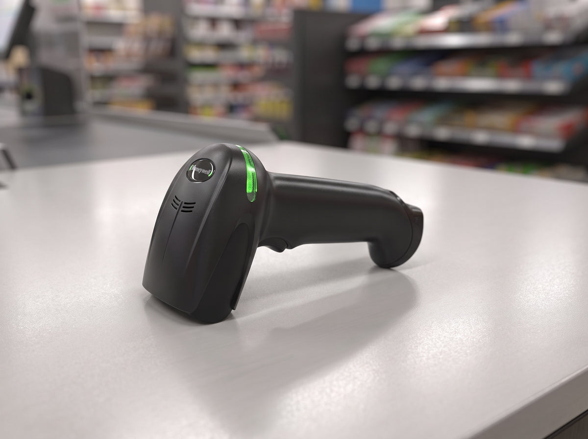 Honeywell Xenon XP 1950g corded 1D/2D barcode scanner in black on a retail checkout counter — AI-generated image