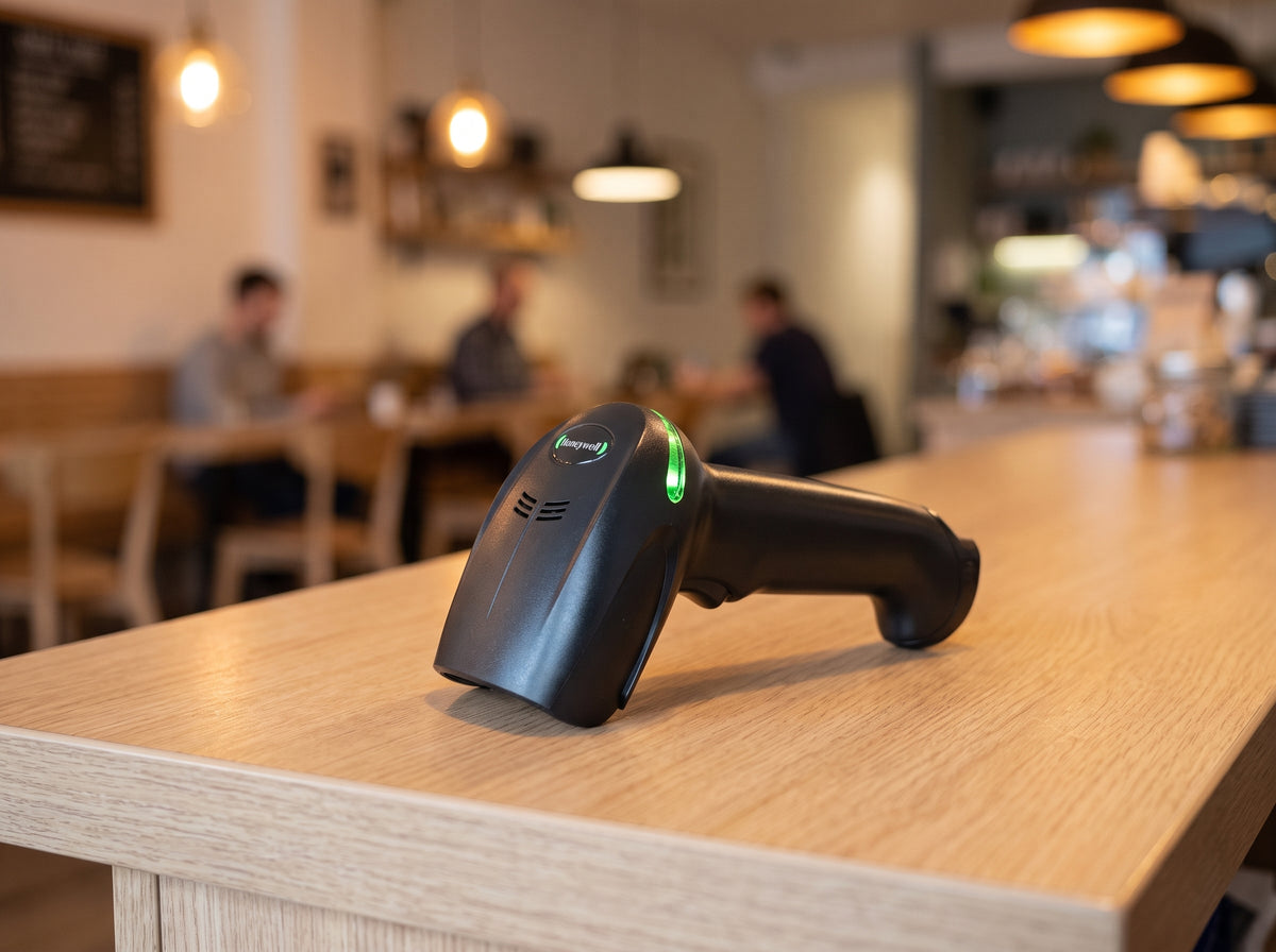 Honeywell Xenon XP 1950g corded 1D/2D barcode scanner in black on a busy cafe counter — AI-generated image
