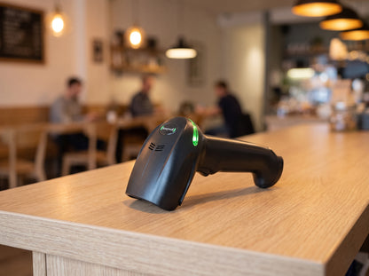 Honeywell Xenon XP 1950g corded 1D/2D barcode scanner in black on a busy cafe counter — AI-generated image