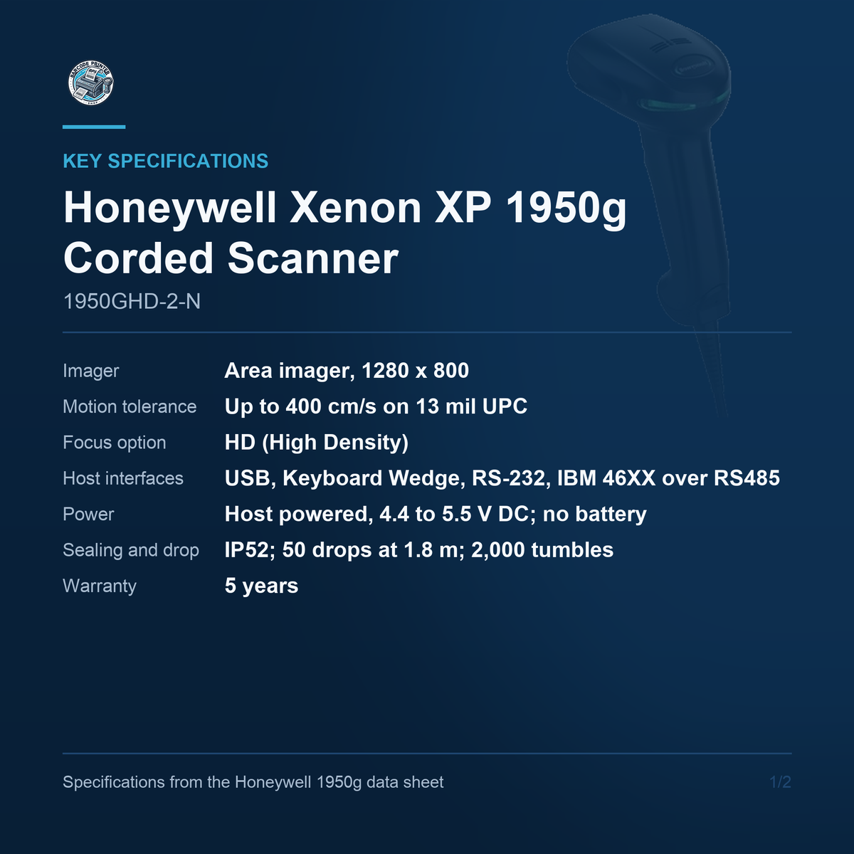 Honeywell Xenon XP 1950g Corded Scanner 1950GHD-2-N key specifications