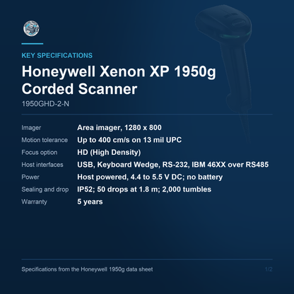 Honeywell Xenon XP 1950g Corded Scanner 1950GHD-2-N key specifications