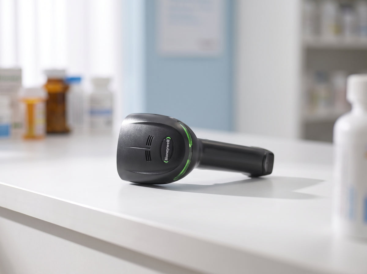 Honeywell Xenon XP 1950g corded 1D/2D barcode scanner in black on a cafe counter — AI-generated image