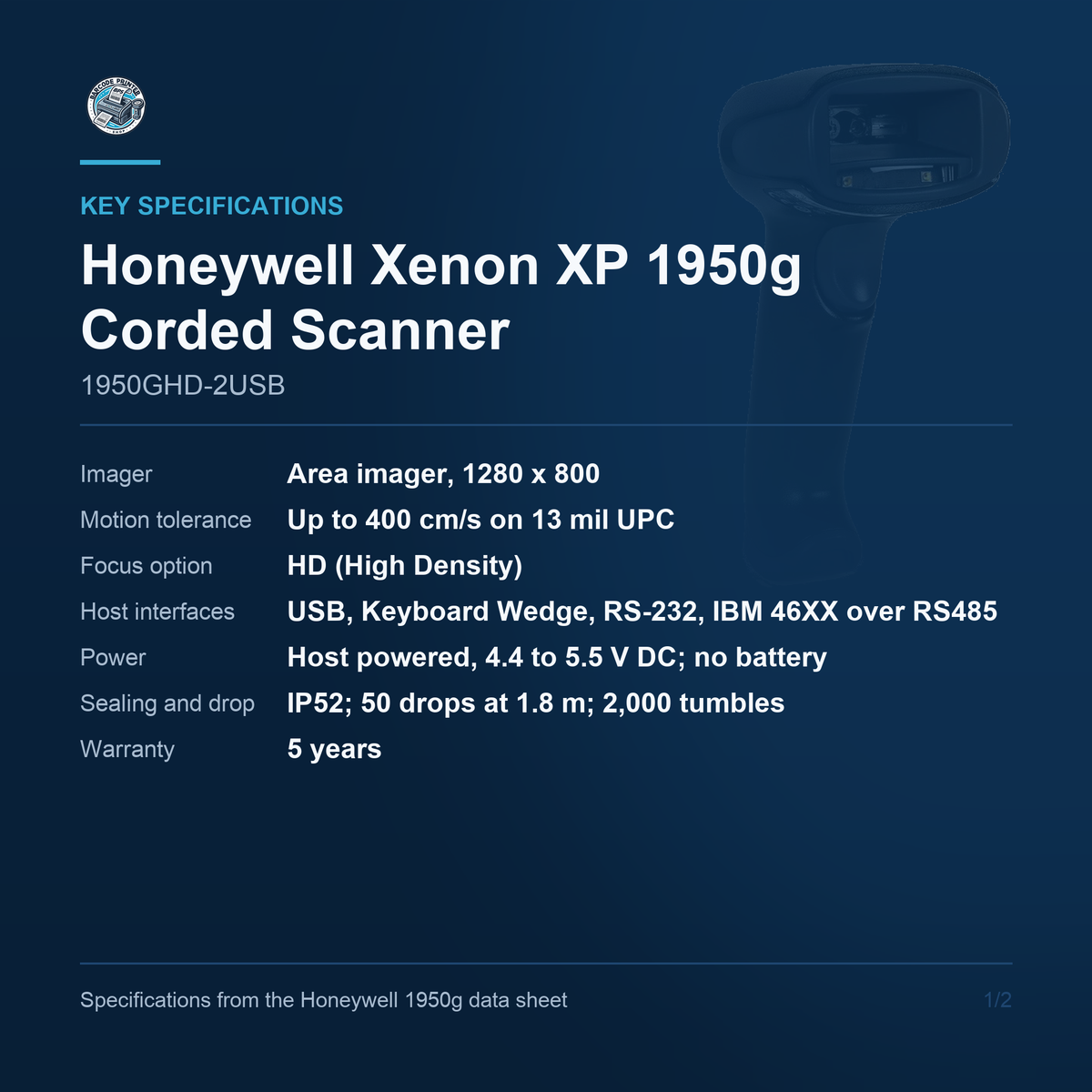 Honeywell Xenon XP 1950g Corded Scanner 1950GHD-2USB key specifications